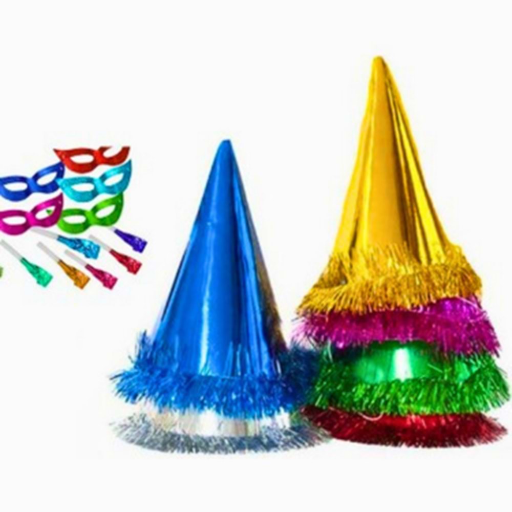 Metalik Püsküllü Parti ve Yılbaşı Şapkası (Fötr ve Gözlük Seti)