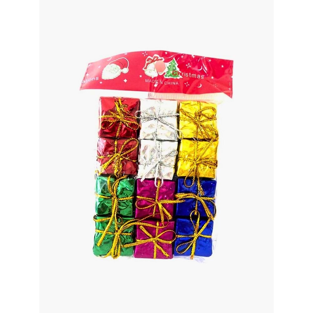 12'li Paket Mini Hediye Kutusu Çam Ağacı Süsü - Yılbaşı Dekorasyonu