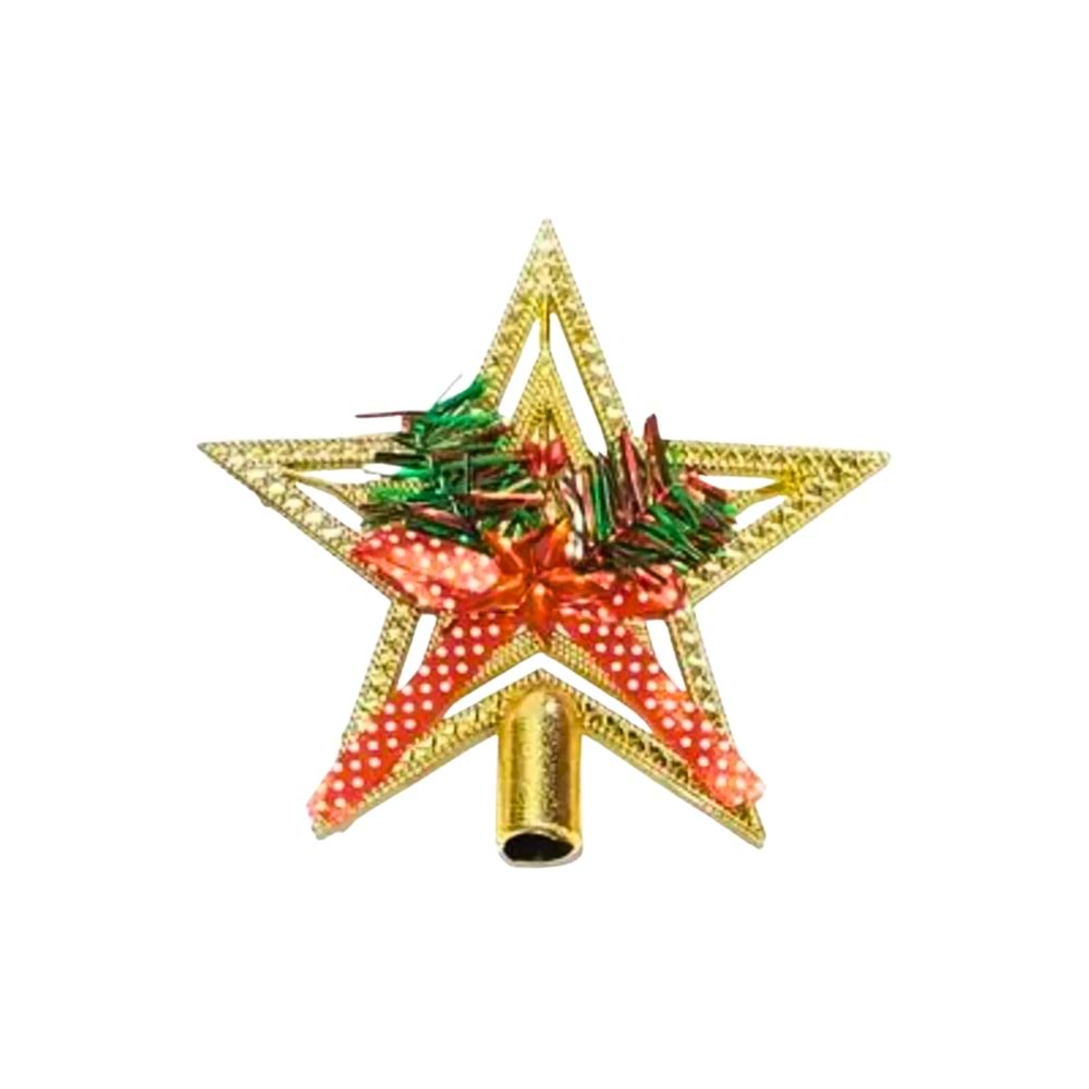 Simli Altın Renk Çam Ağacı Yıldız Tepe Süsü (Fiyonk ve Yaprak Detaylı)