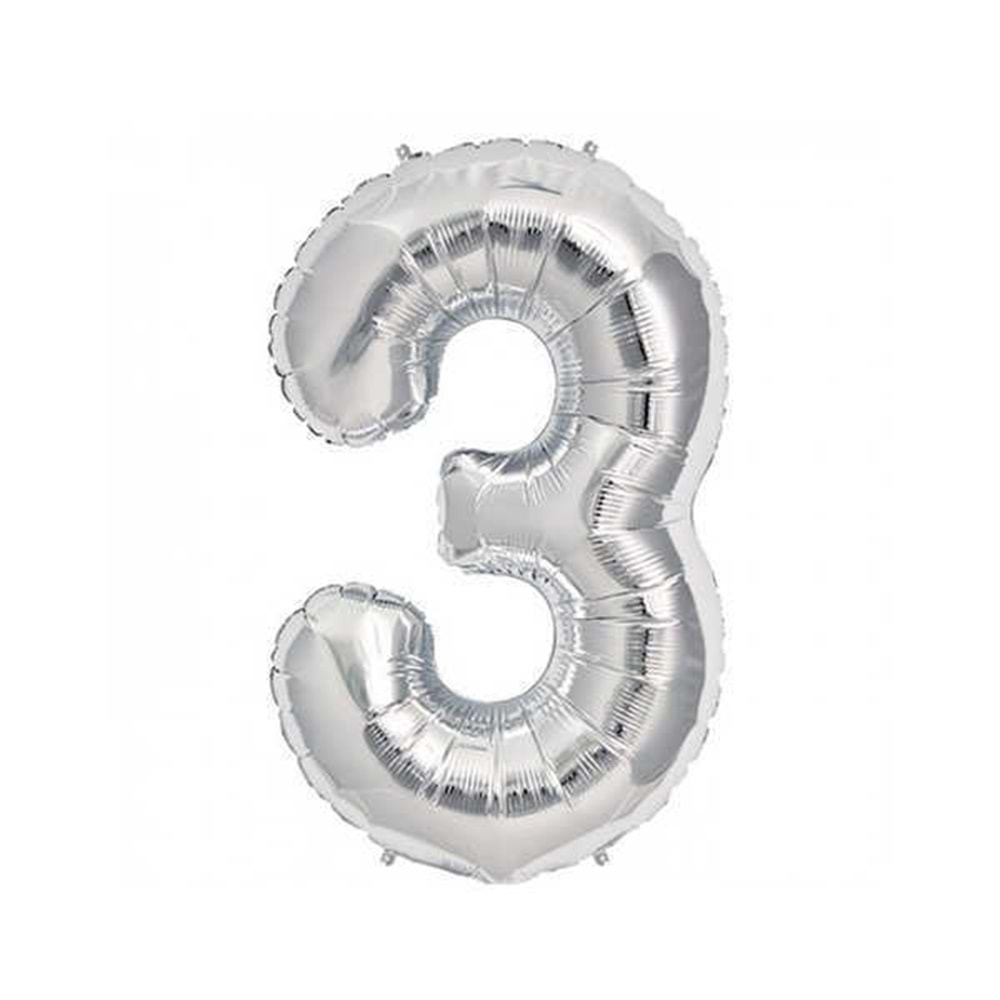 İKM 3 Rakam Folyo Balon Gümüş 40 İnç Büyük Boy Sayı Balonu Doğum Günü Süsleme