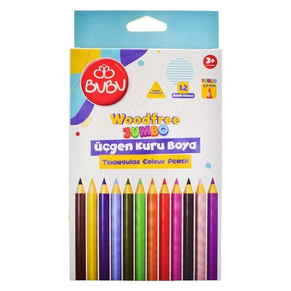 BU-BU Woodfree Jumbo Üçgen Kuru Boya Kalemi Seti 12 Renk (3.7 mm) Okul Öncesi