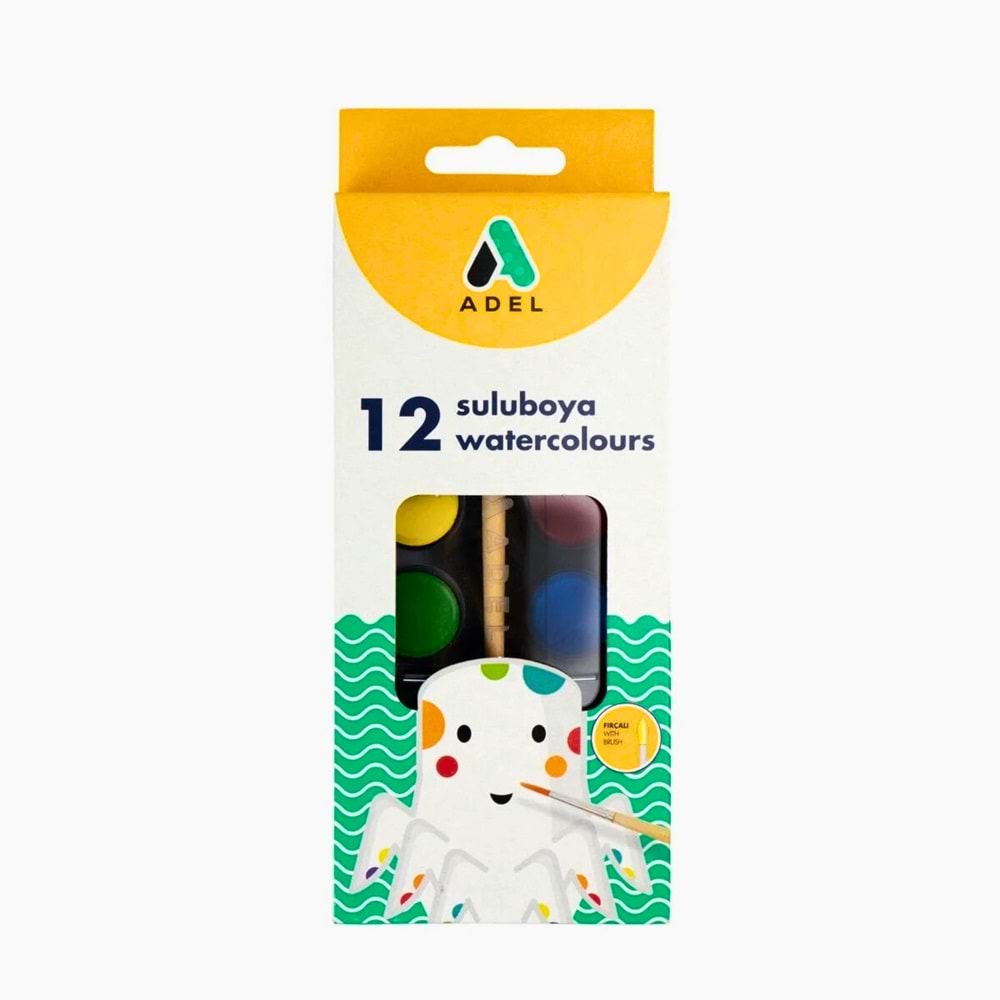 ADEL 12 Renk Suluboya Seti - 24 mm Tablet Boya ve Fırça Hediyeli
