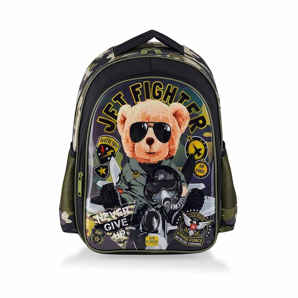 Pilot Ayıcık Figürlü Kamuflaj Desenli İlkokul Çantası