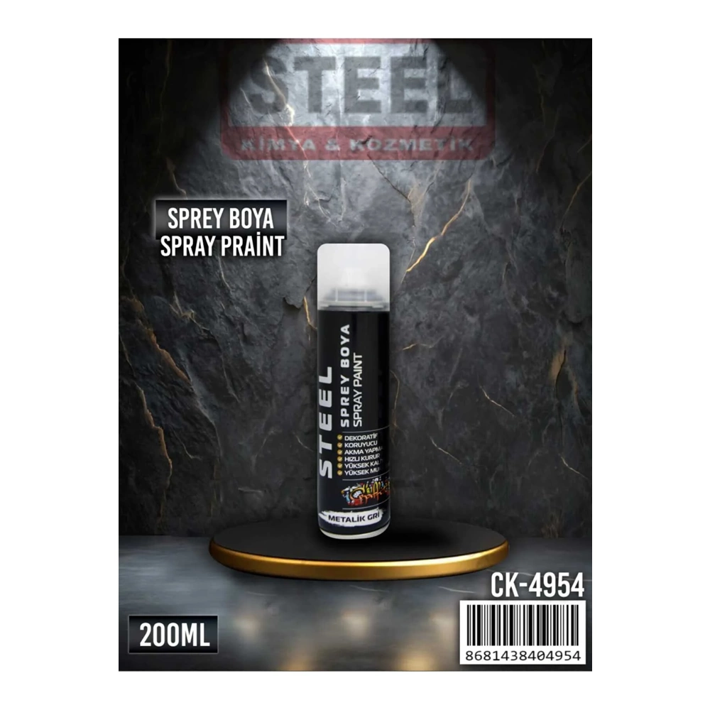 Steel Sprey Boya Metalik Gri 200 ml Dekoratif Koruyucu Hızlı Kuruyan Yüksek Kapatıcılık