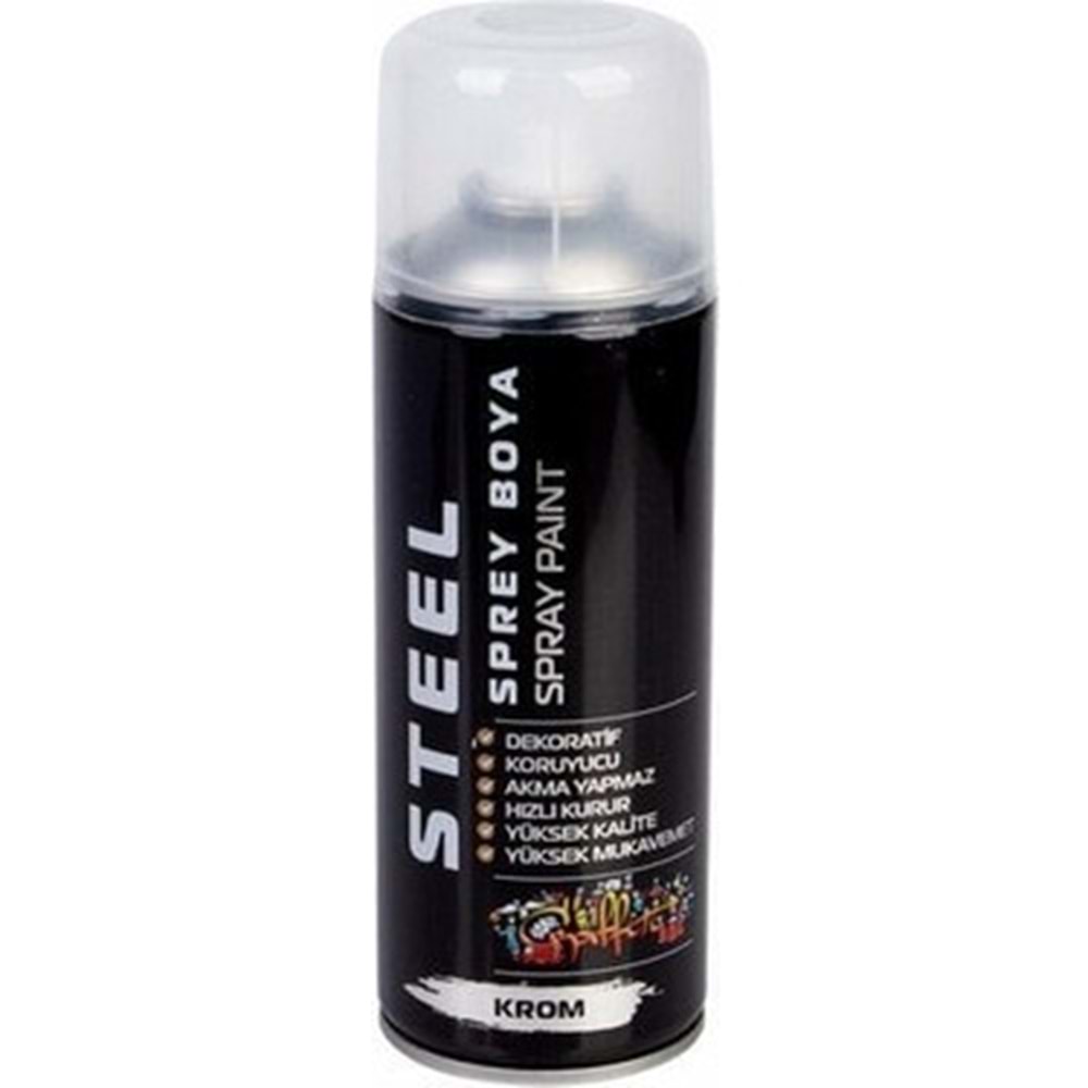 Steel Sprey Boya Krom 200 ml Dekoratif Koruyucu Hızlı Kuruyan Yüksek Parlaklık