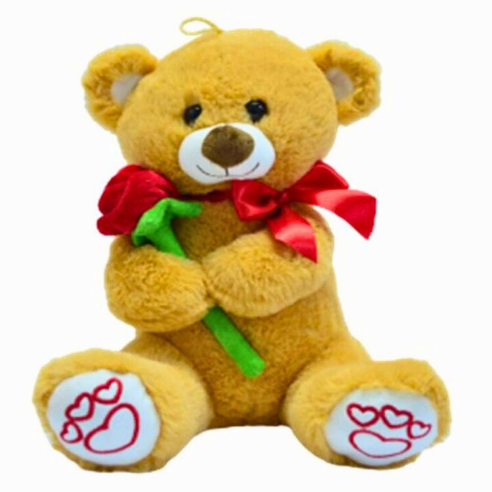 Halley 35 Cm Gül Tutan Peluş Ayıcık - Kırmızı Kurdeleli Sevimli Oyuncak
