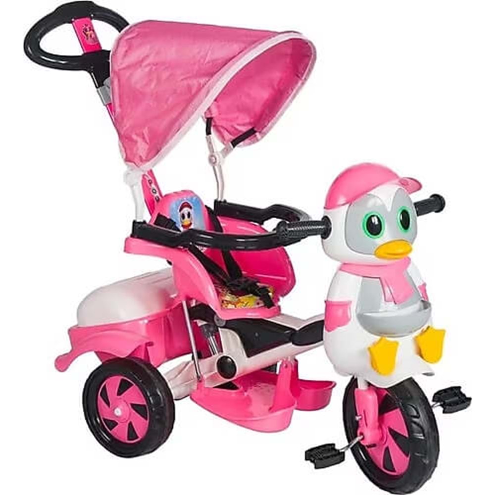 DİLAVER Pembe Penguen İtmeli Bisiklet Tenteli Güvenli 3 Tekerlekli Çocuk Bisikleti
