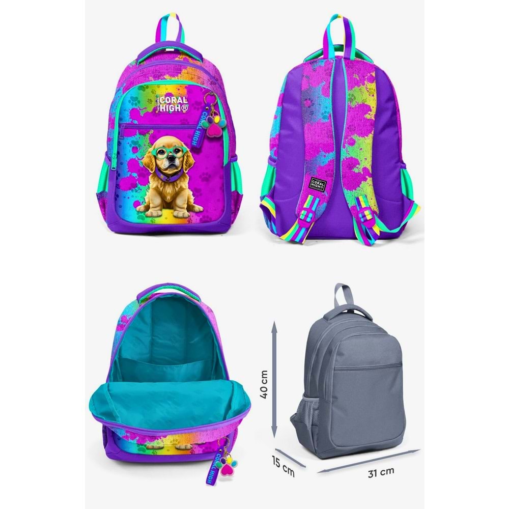CORAL HIGH Sevimli Köpek Baskılı Sırt Çantası - Mor Boya Efektli Okul Çantası
