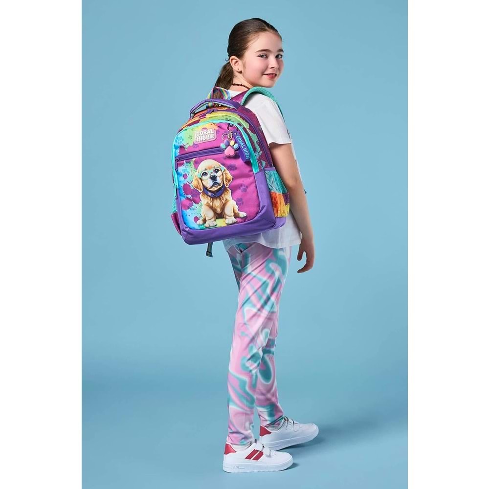 CORAL HIGH Sevimli Köpek Baskılı Sırt Çantası - Mor Boya Efektli Okul Çantası