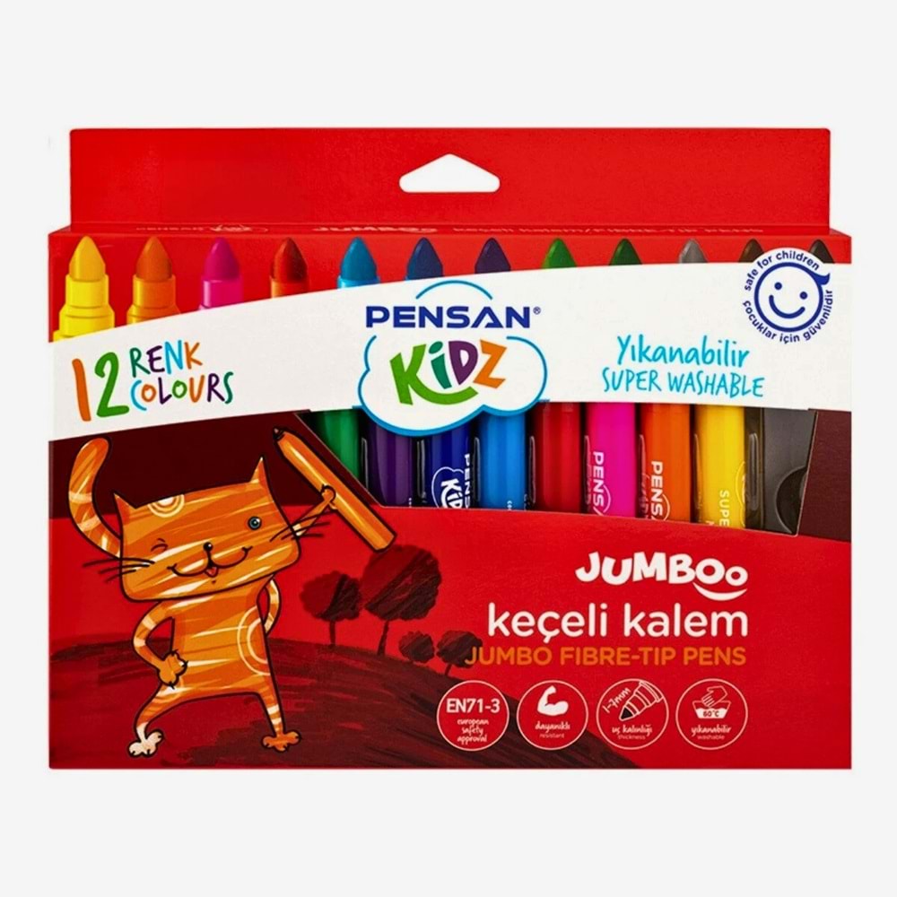 PENSAN KIDZ Jumbo Keçeli Kalem Seti 12 Renk - Süper Yıkanabilir 7 mm Uçlu