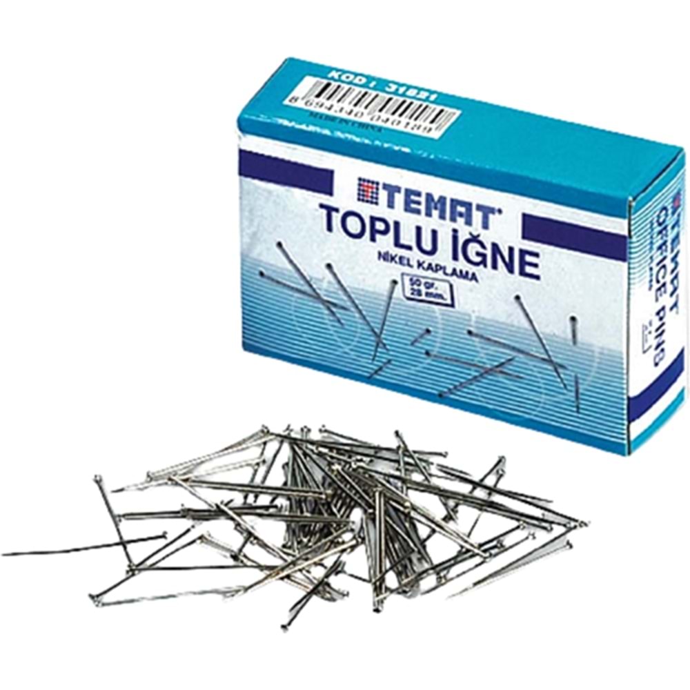 TEMAT Nikel Kaplama Toplu İğne 28 mm - Ofis ve Kırtasiye İğnesi (20 gr)