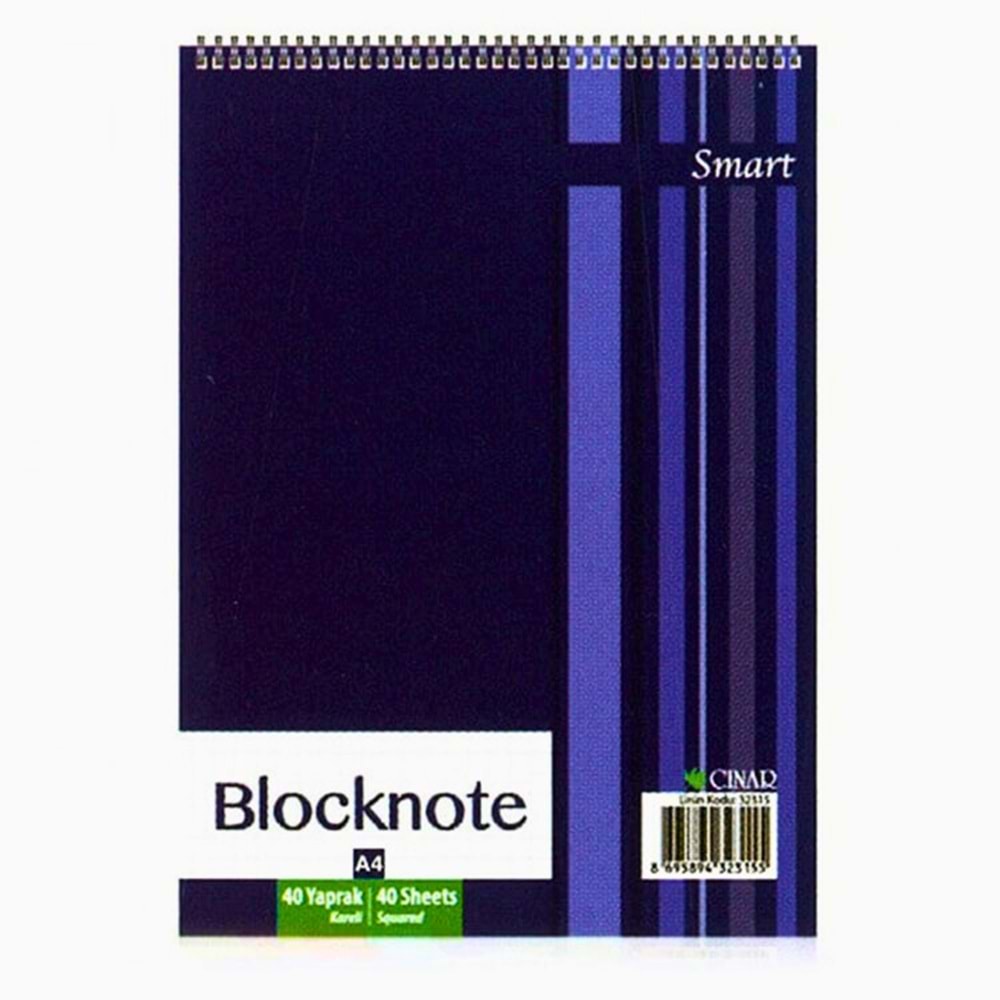 ÇINAR Smart Bloknot A4 Üstten Açmalı Spiralli Kareli Defter 40 Yaprak