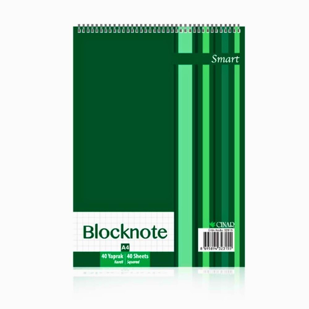 ÇINAR Smart Bloknot A4 Üstten Açmalı Spiralli Kareli Defter 40 Yaprak