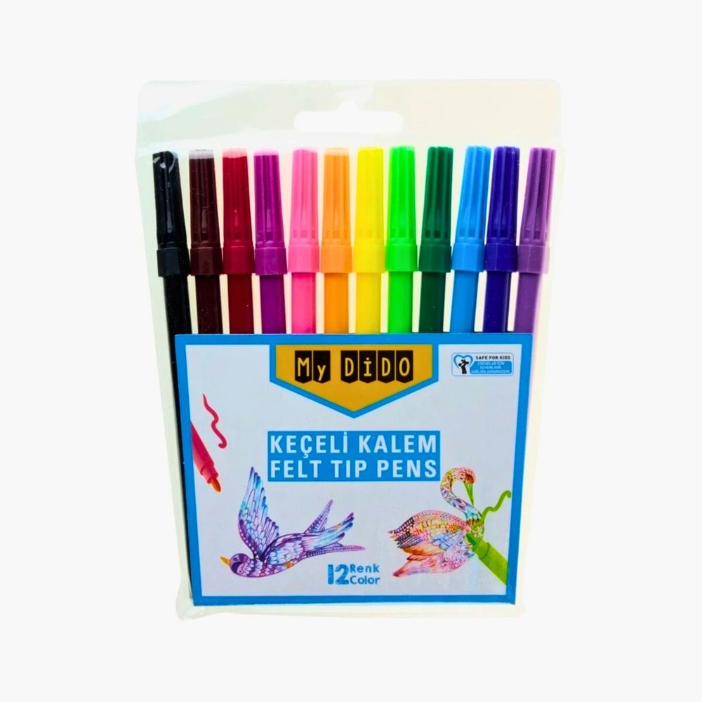 MYDIDO Keçeli Kalem Seti 12 Renk | Çocuklar İçin Güvenli Kalın Uçlu Boya Kalemi