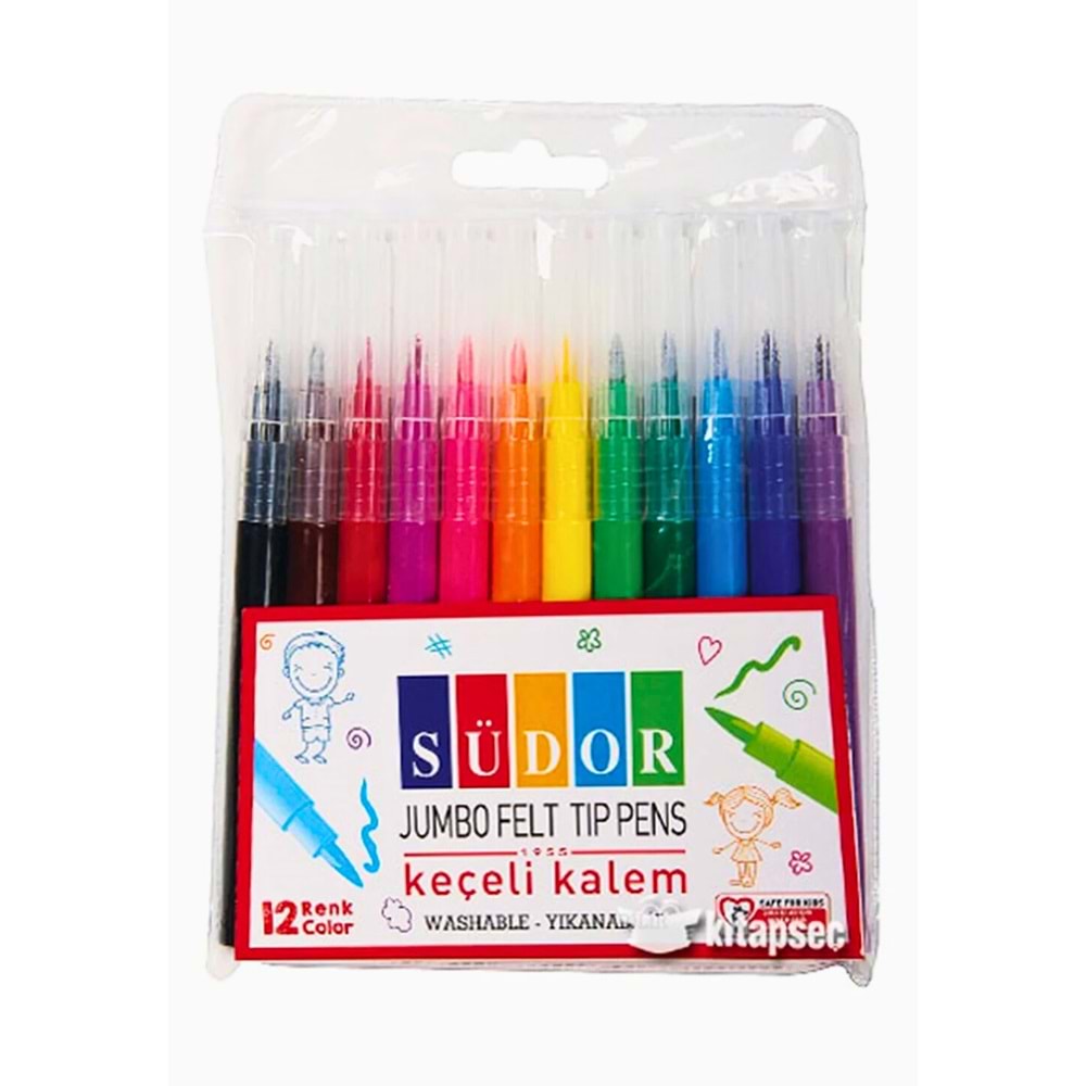 SÜDOR Jumbo Keçeli Kalem Seti 12 Renk | Yıkanabilir Kalın Uçlu Çocuk Boyama Kalemi