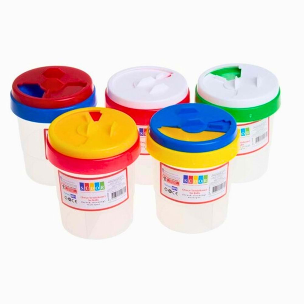 Südor Dökülmeye Dayanıklı Fırça Temizleme Kabı - Renkli Kapaklı Fırça Yıkama Potu