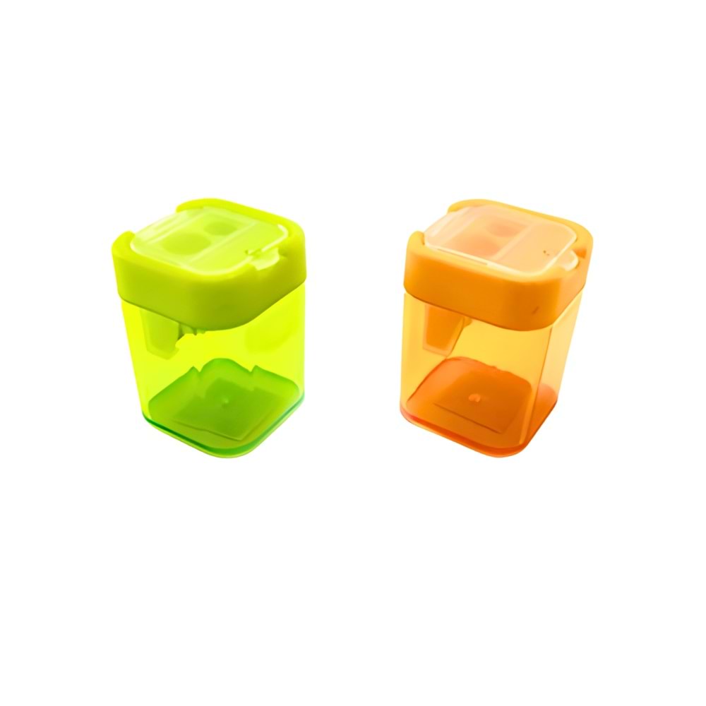 Kapaklı Renkli Kalemtıraş – Hazneli Çift Delikli Plastik Kalemtıraş (Tek Adet)