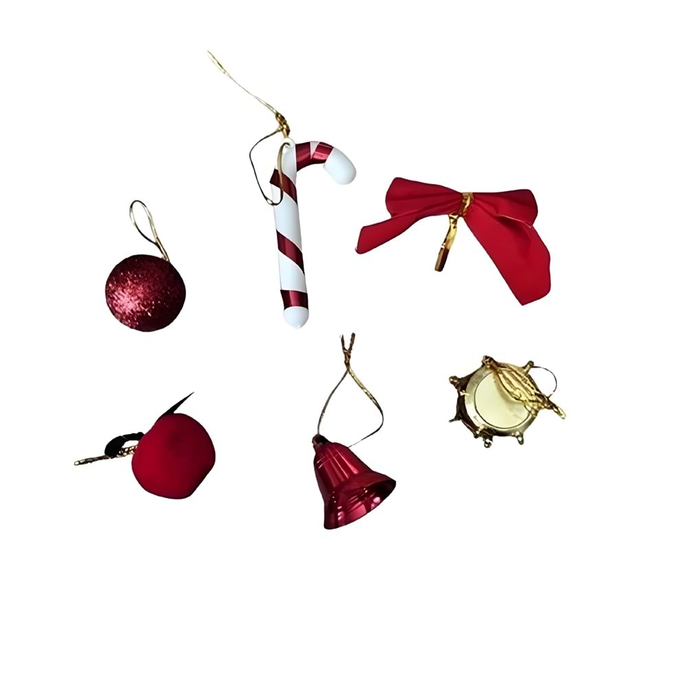 6’lı Mini Yılbaşı Süsü Seti | Ağaç ve Dekor Süsleri – Top, Zil, Şeker Kamışı | Tek Paket