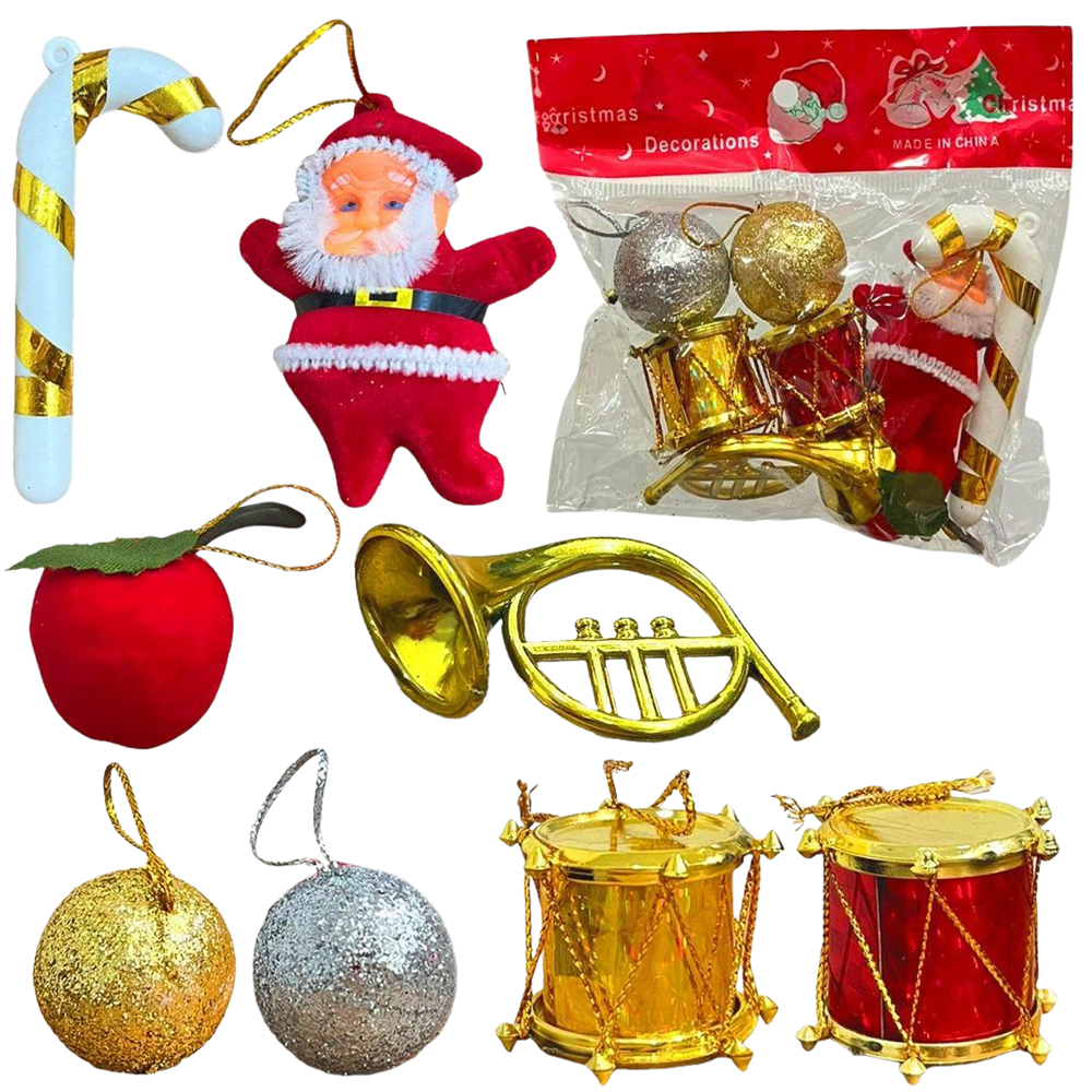 6’lı Yılbaşı Süsü Seti | Noel Baba, Top, Şeker Kamışı, Trompet & Davul | Tek Paket