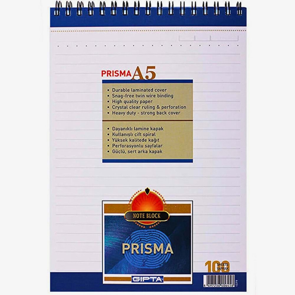 Gıpta Prisma A5 Spiralli Bloknot (100 Yaprak Çizgili)