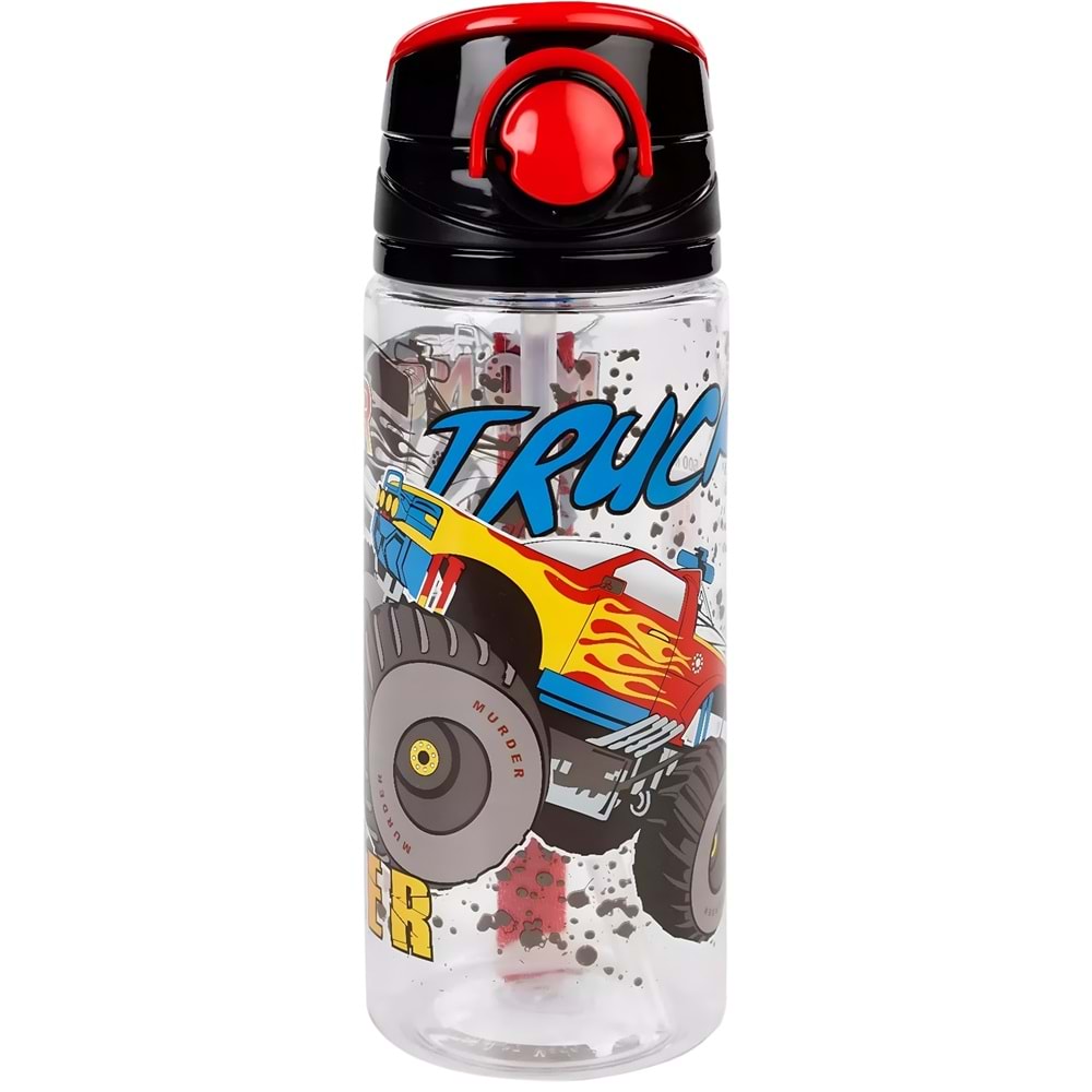Optimal Pipetli Matara 500 ml | Dayanıklı PC Malzeme | Çocuklar İçin Monster Truck Desenli Su Şişesi