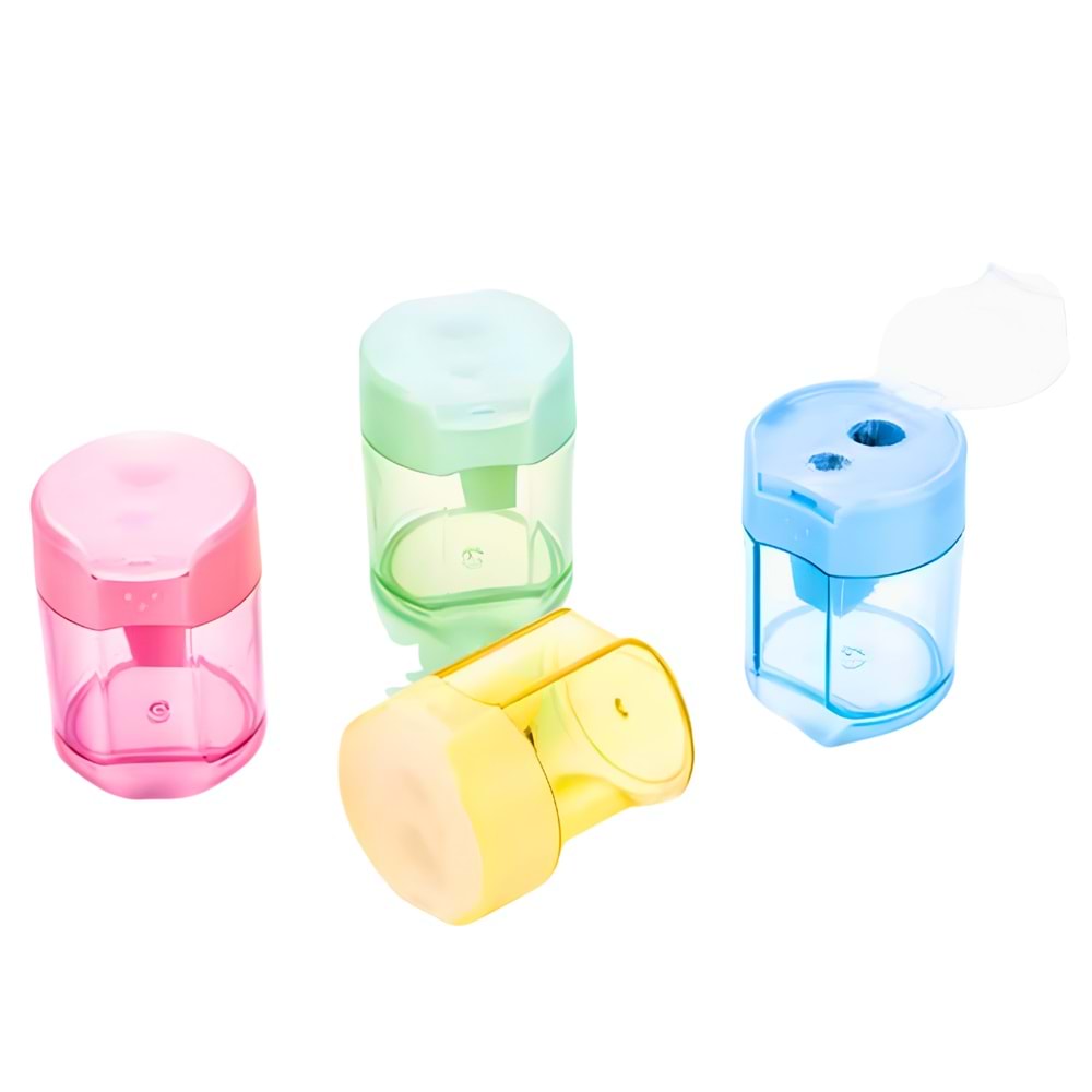 Rainbow Çift Hazneli Kalemtıraş | 4 Renk Pastel Seçenekli | Kapaklı İkili Delik Kalemtraş