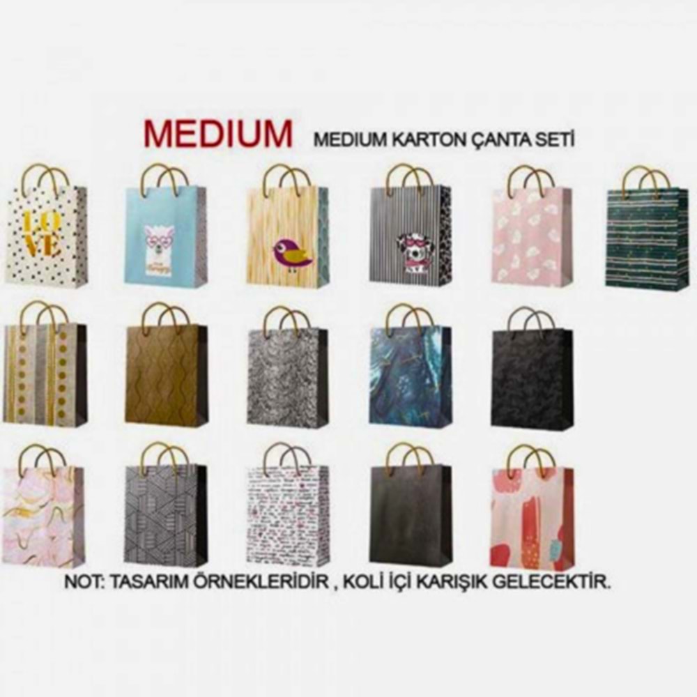 Çoklu Tasarım Orta Boy Karton Çanta Seti (MEDIUM) - 15 Adet Karışık Hediye Torbası