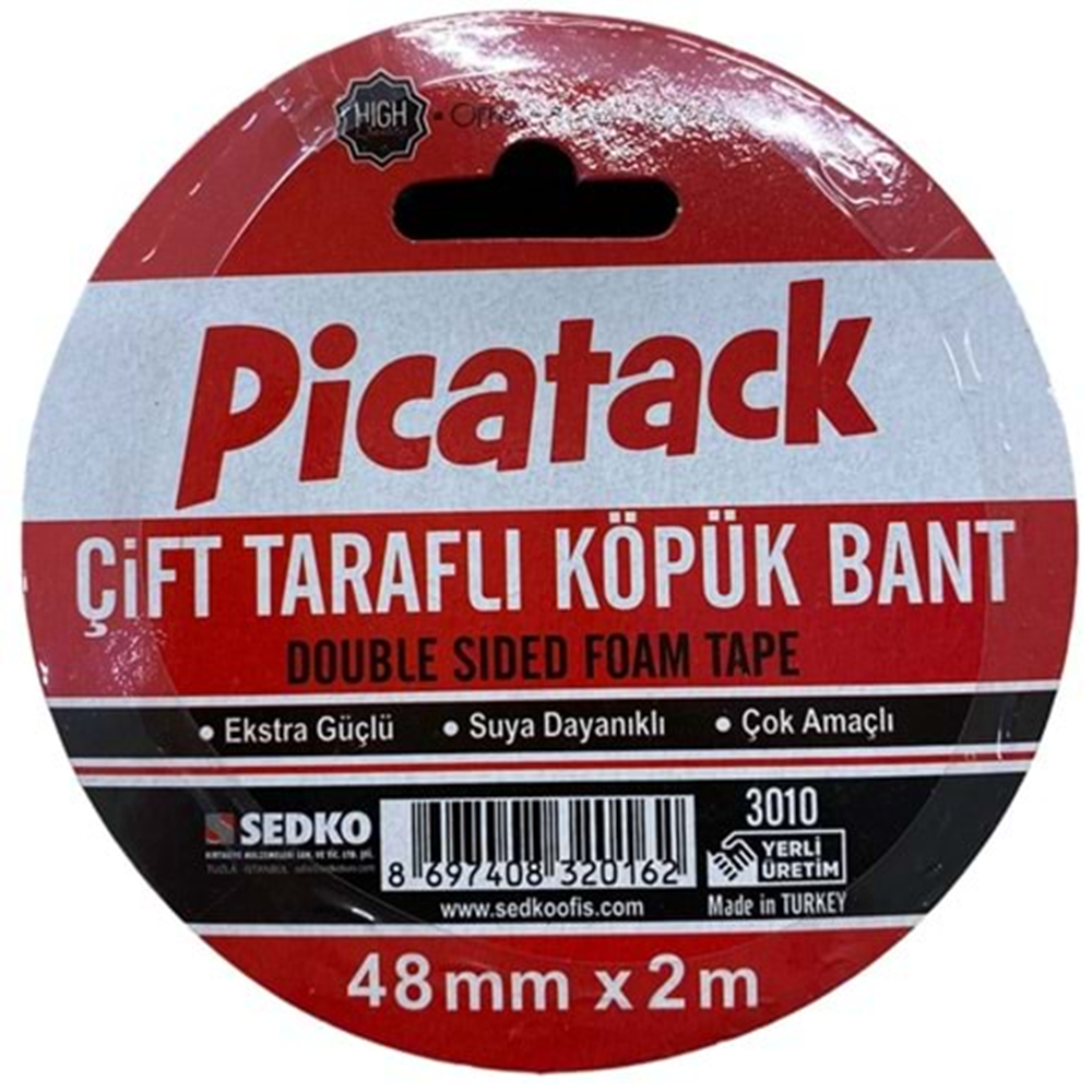 Picatack Çift Taraflı Köpük Bant 48 mm x 2 Metre Ekstra Güçlü Suya Dayanıklı