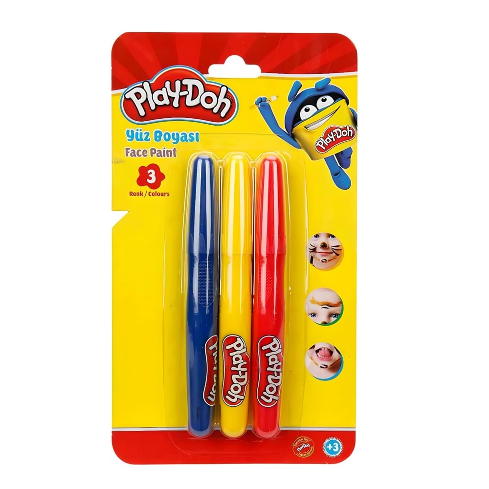 Play-Doh 3'lü Set Yüz Boyası Kalemleri: Mavi, Sarı, Kırmızı