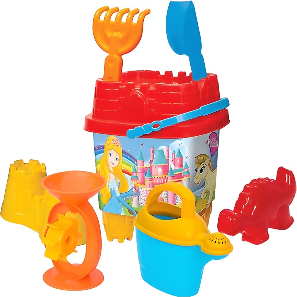 1016 Resimli Şapkalı Büyük Kova Plaj Kum Oyuncak Seti - Prenses Temalı Full Set