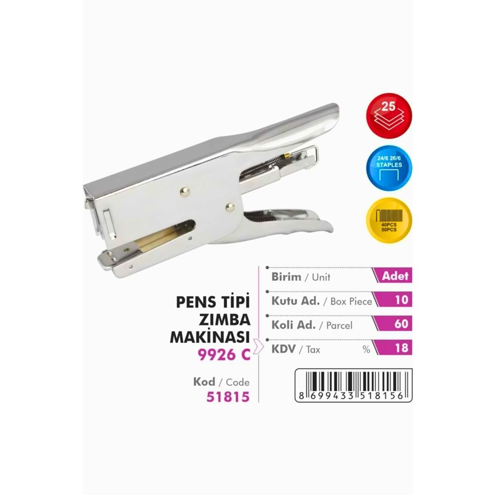 İraff Pens Tipi Metal Zımba Makinesi 9926 C - 24/6 ve 26/6 Uyumlu (Büyük Boy)