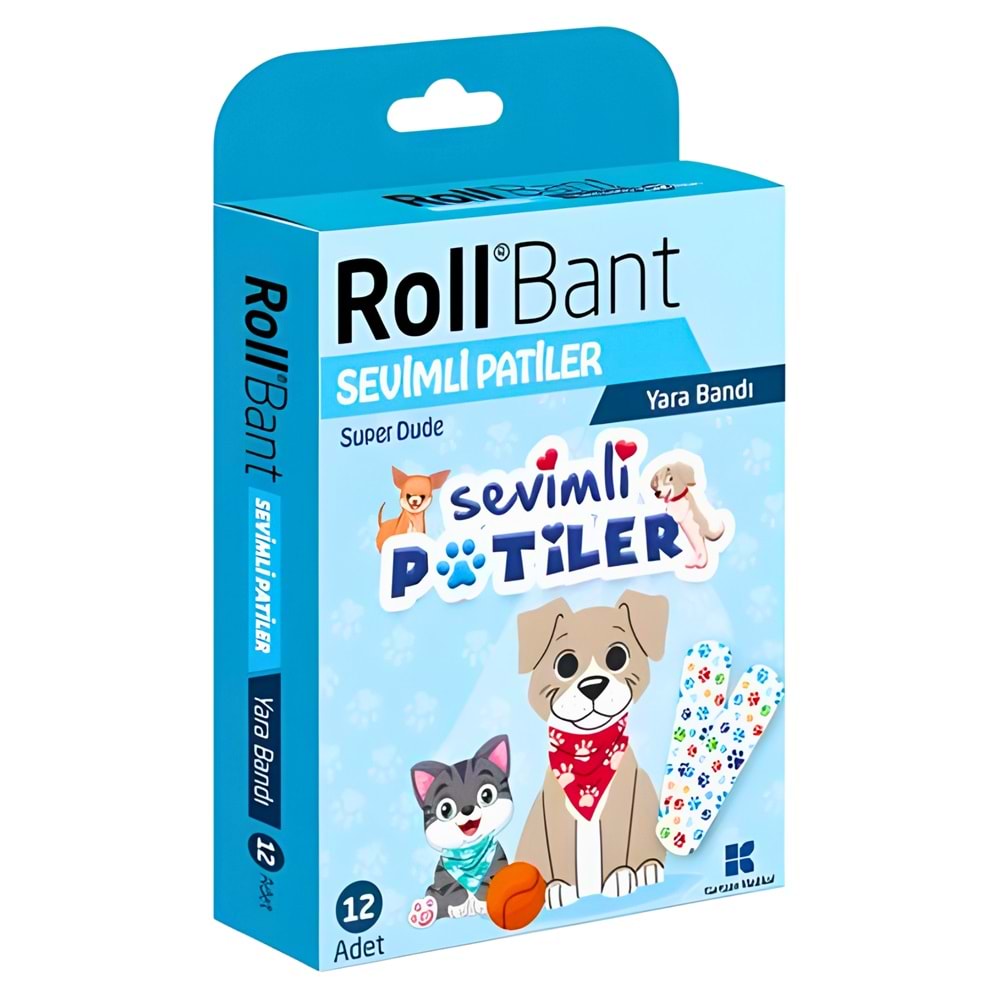 Roll'Bant Sevimli Patiler Desenli Çocuk Yara Bandı (12'li) - Kedi & Köpek Figürlü