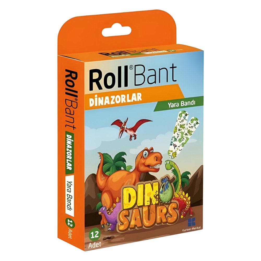 Roll'Bant Dinozorlar Desenli Çocuk Yara Bandı (12'li Paket) - Suya Dayanıklı
