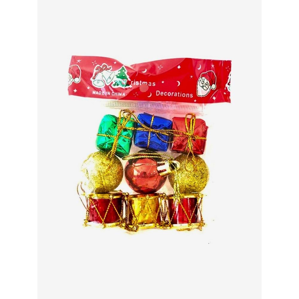Mini Hediye, Davul ve Simli Top Figürlü Çam Ağacı Süs Seti