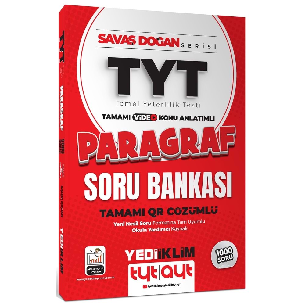 2025 TYT Savaş Doğan Serisi Tamamı Video Konu Anlatımlı ve QR Çözümlü Paragraf Soru Bankası Yediiklim Yayınlar