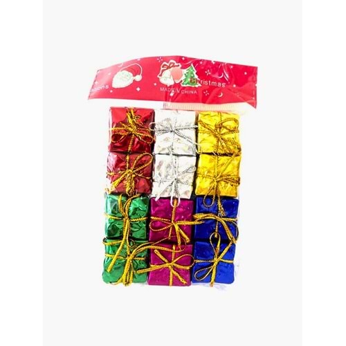 12'li Paket Mini Hediye Kutusu Çam Ağacı Süsü - Yılbaşı Dekorasyonu