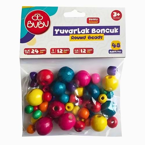BuBu Yuvarlak Renkli Boncuk – Karışık Büyük Küçük Ahşap Boncuk Seti (48 Adet)