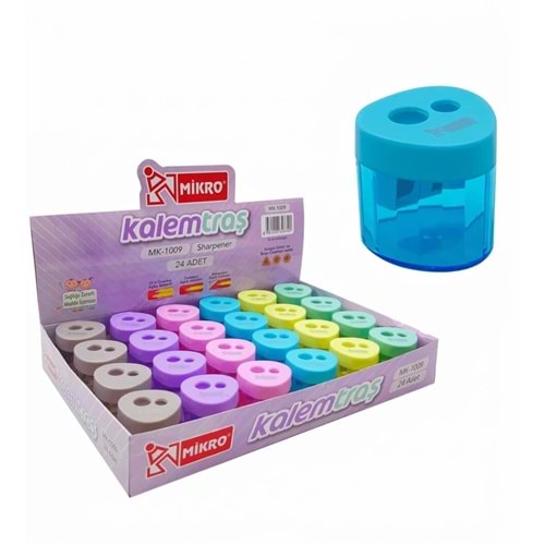 Mikro MK-1009 Üçgen Hazneli Kalemtıraş Çift Girişli Renkli Kalemtraş