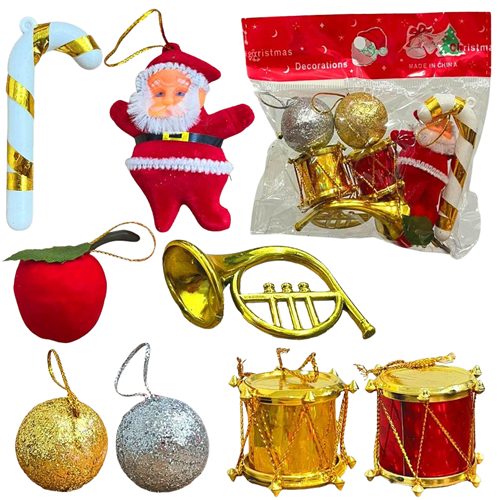 6’lı Yılbaşı Süsü Seti | Noel Baba, Top, Şeker Kamışı, Trompet & Davul | Tek Paket