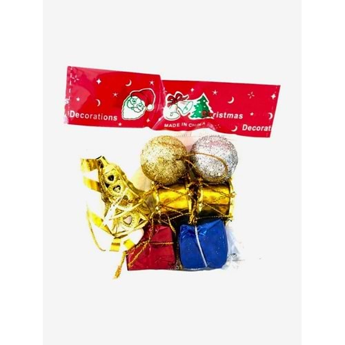 Karışık Yılbaşı Temalı Çam Ağacı Süsleri Paketi - Top, Davul, Hediye Kutusu