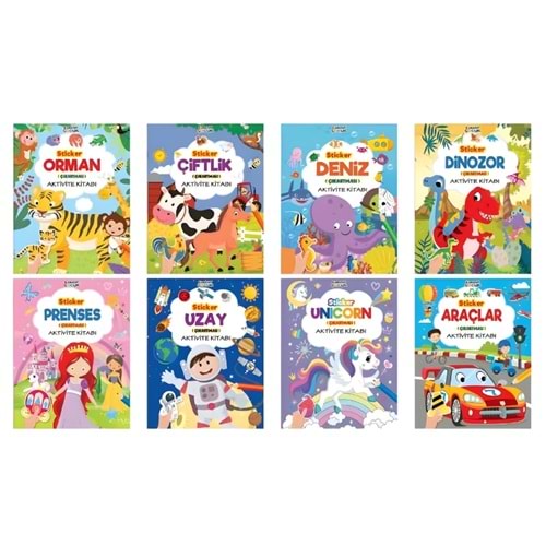 Yeni Stıcker Çıkartmalı Aktivite Kitabı(8 Kitap)(araçlar-çiftlik-deniz-dinozor-orman-prenses-unıcorn-uzay)