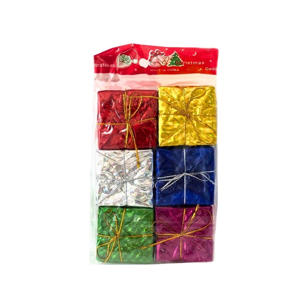 6'lı Parlak Renkli Minik Hediye Kutusu Yılbaşı Ağacı Süsü Seti