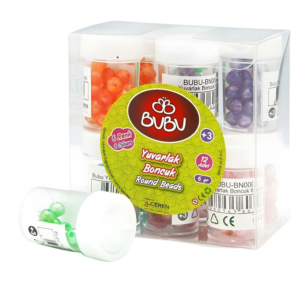 BuBu Yuvarlak Boncuk 6 Renk – 12’li Hobi Boncuk Seti (Tek Kutu)