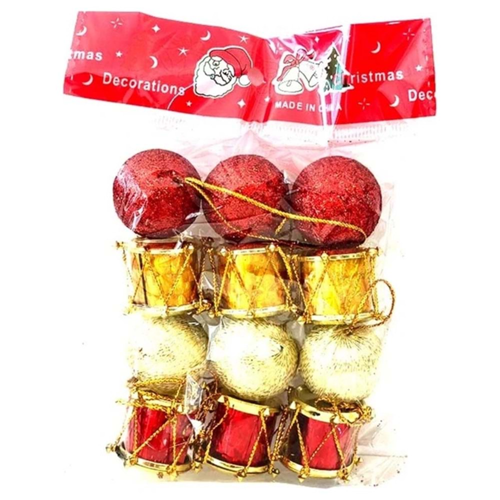 Simli Top ve Metalik Davul Figürlü Yılbaşı Çam Ağacı Süsleri Paketi